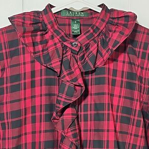 LRL Ralph Lauren Christmas Womens Ruffle Red Tartan Plaid Button Up Shirt Small